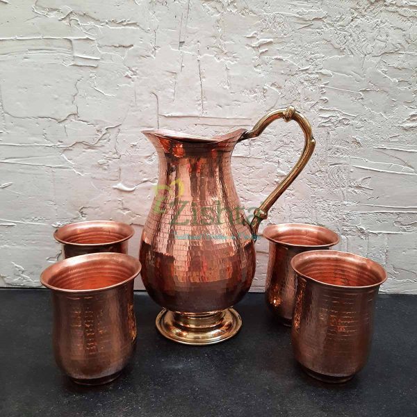 Zishta Copper Jug with Copper glasses: Traditional Mughalai Design count 4 Zishta Copper Jug with Copper glasses: Traditional Mughalai Design count 4