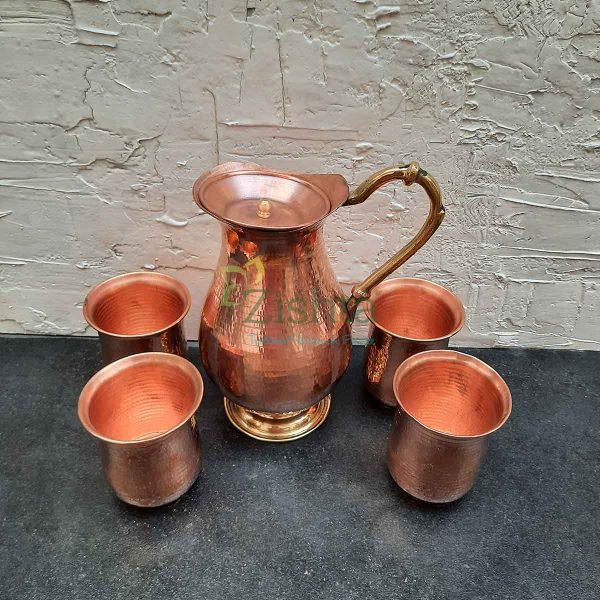 Zishta Copper Jug with Copper glasses: Traditional Mughalai Design count 4 Zishta Copper Jug with Copper glasses: Traditional Mughalai Design count 4