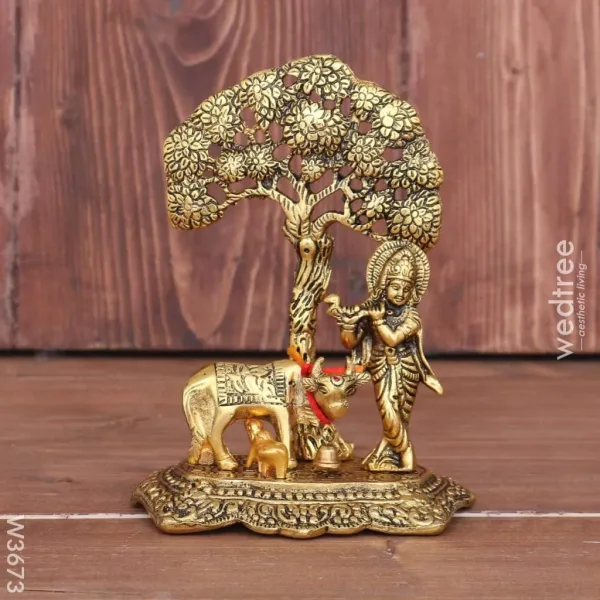 White metal Cow Krishna under tree Gold finish