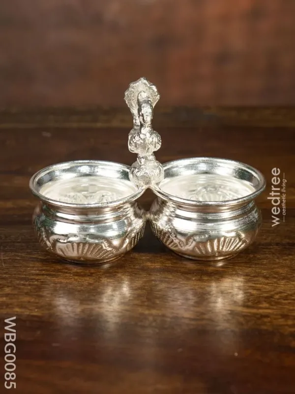 German Silver 2 Cups Kumkum holder with Floral design and peacock on the top