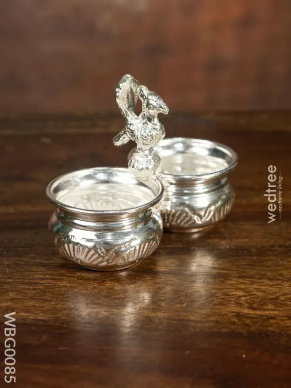 German Silver 2 Cups Kumkum holder with Floral design and peacock on the top