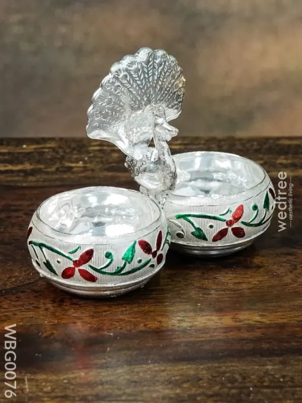 German Silver Kumkum Holder with Meenakari Design Embossed German Silver Kumkum Holder with Meenakari Design Embossed