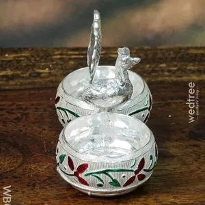 German Silver Kumkum Holder with Meenakari Design Embossed