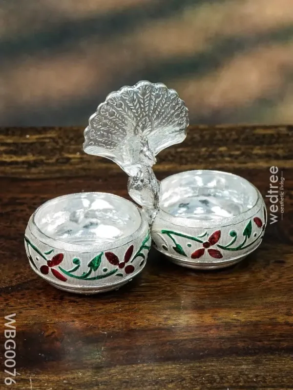 German Silver Kumkum Holder with Meenakari Design Embossed German Silver Kumkum Holder with Meenakari Design Embossed