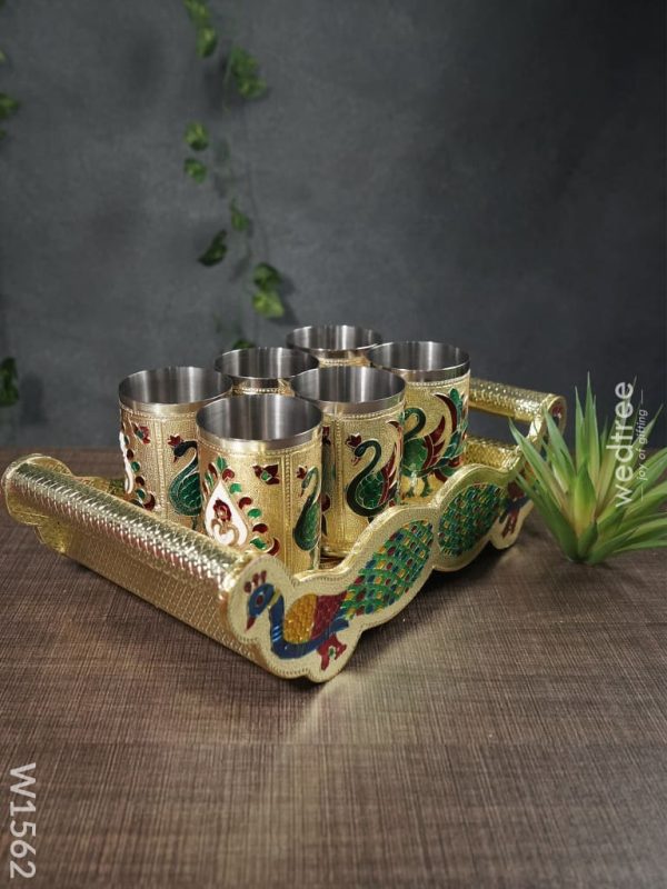 Meenakari Peacock Tray Set with 6 Glass