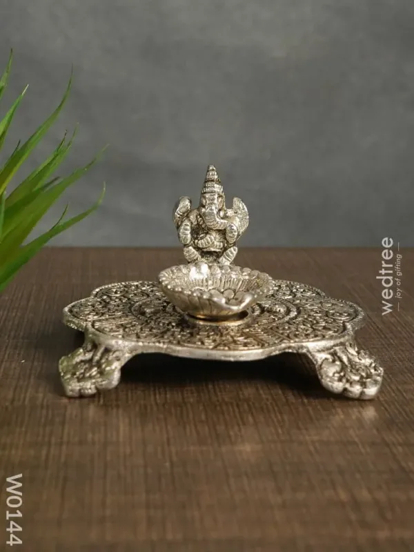 White Metal Ganesh Chowki with Diya