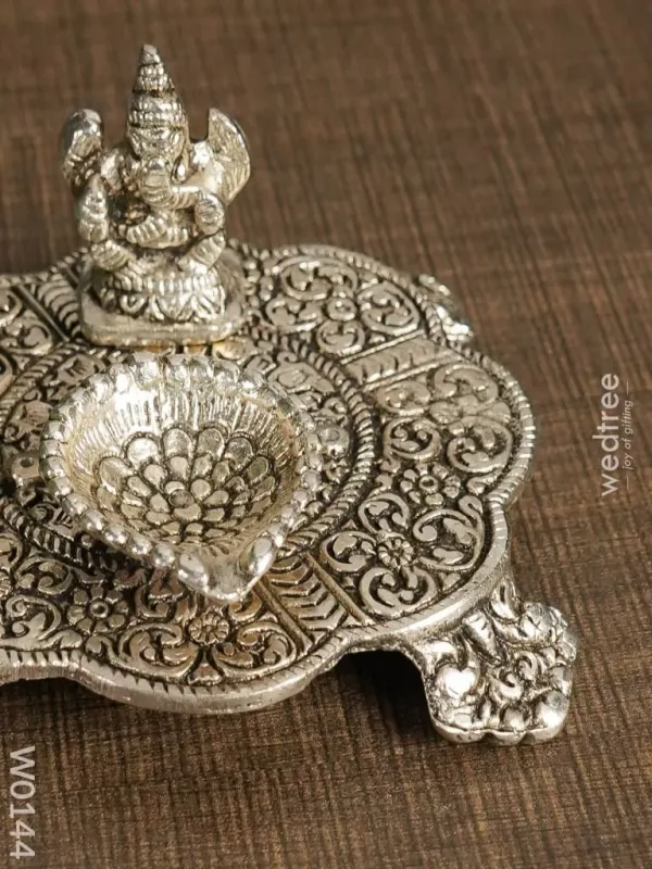White Metal Ganesh Chowki with Diya