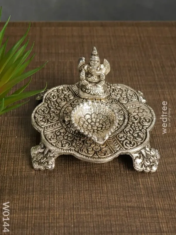 White Metal Ganesh Chowki with Diya