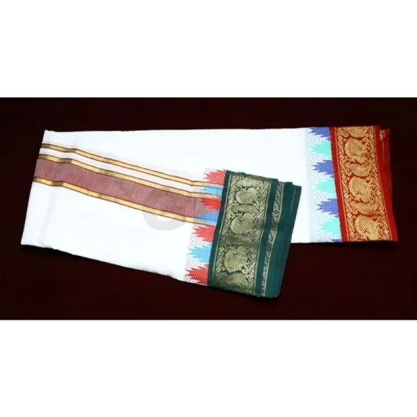 Veshti – Meena Thazhampoo Mokku Border 5 Inch – White – 9 x 5 Veshti – Meena Thazhampoo Mokku Border 5 Inch – White – 9 x 5