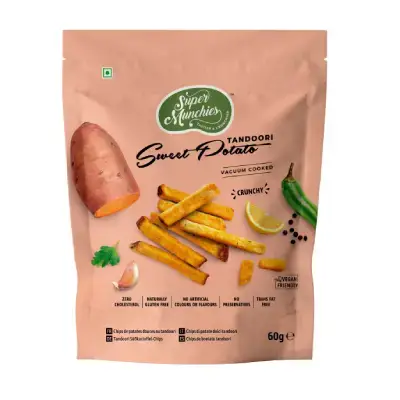 Super Munchies Vacuum Cooked Tandoori Sweet Potato Chips – 50g (pack of 4) Super Munchies Vacuum Cooked Tandoori Sweet Potato Chips – 50g (pack of 4)