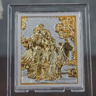 German Silver Plated Radha Krishna Photoframe (4.5 inch) with Stand German Silver Plated Radha Krishna Photoframe (4.5 inch) with Stand