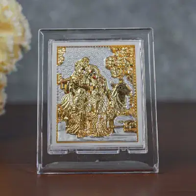 German Silver Plated Radha Krishna Photoframe (4.5 inch) with Stand German Silver Plated Radha Krishna Photoframe (4.5 inch) with Stand