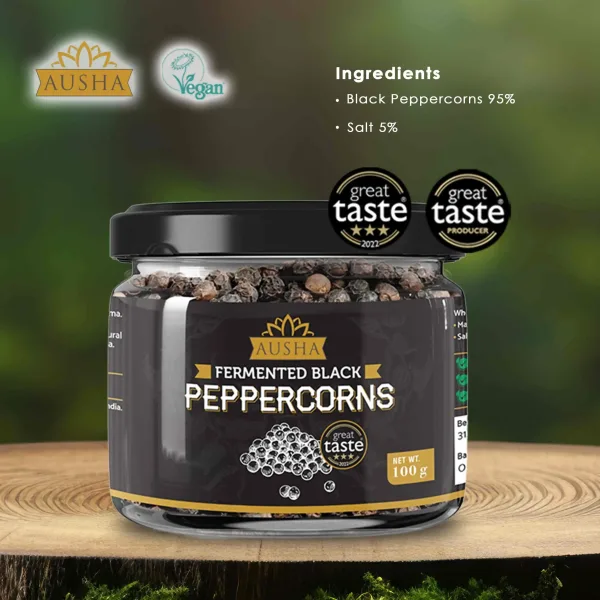 Ausha Fermented Black Peppercorns 100g – 3*** Star Winner GREAT TASTE AWARD