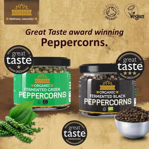 Ausha Fermented Black Peppercorns 100g – 3*** Star Winner GREAT TASTE AWARD
