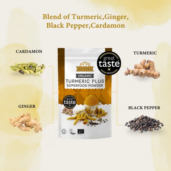 Ausha Organic Turmeric Superfood Powder (Curcumin) with Black Pepper + Ginger + Cardamom – 250g | High Strength | Use in Cooking, Mix with Juices, Smoothies turmeric superfood powder