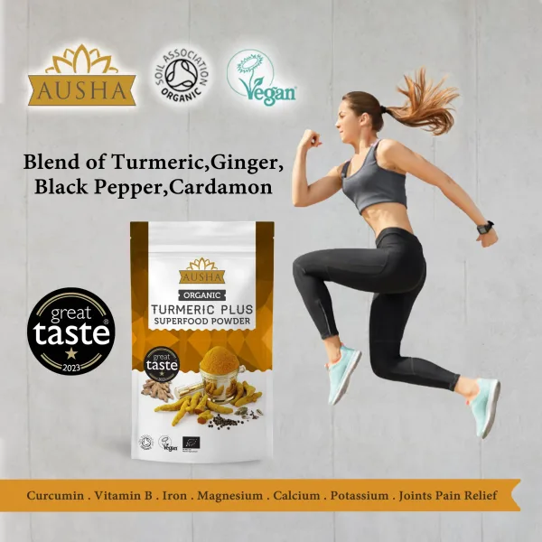 Ausha Organic Turmeric Superfood Powder (Curcumin) with Black Pepper + Ginger + Cardamom – 250g | High Strength | Use in Cooking, Mix with Juices, Smoothies turmeric superfood powder