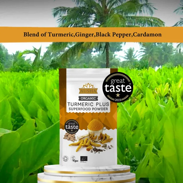 Ausha Organic Turmeric Superfood Powder (Curcumin) with Black Pepper + Ginger + Cardamom – 250g | High Strength | Use in Cooking, Mix with Juices, Smoothies turmeric superfood powder