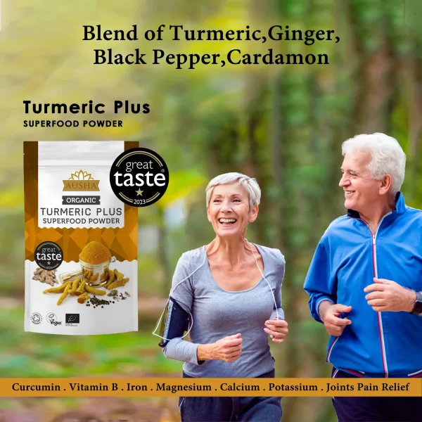 Ausha Organic Turmeric Superfood Powder (Curcumin) with Black Pepper + Ginger + Cardamom – 250g | High Strength | Use in Cooking, Mix with Juices, Smoothies turmeric superfood powder