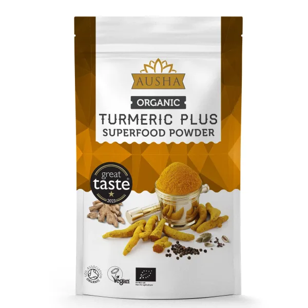 Ausha Organic Turmeric Superfood Powder (Curcumin) with Black Pepper + Ginger + Cardamom – 250g | High Strength | Use in Cooking, Mix with Juices, Smoothies turmeric superfood powder