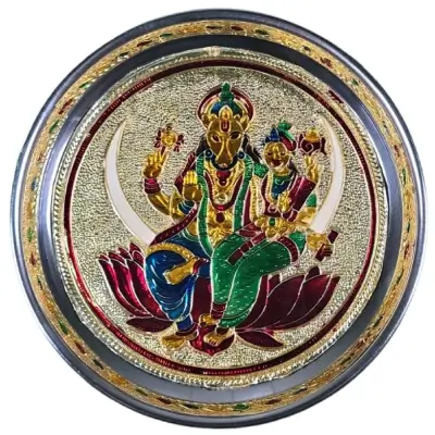 Meenakari Pooja Plate – Lakshmi Hayagrivar – Stainless Steel Meenakari Pooja Plate – Lakshmi Hayagrivar – Stainless Steel