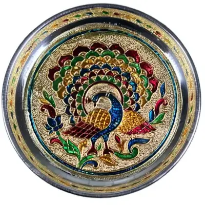 Meenakari Pooja Plate – Peacock design – Stainless Steel Meenakari Pooja Plate – Peacock design – Stainless Steel