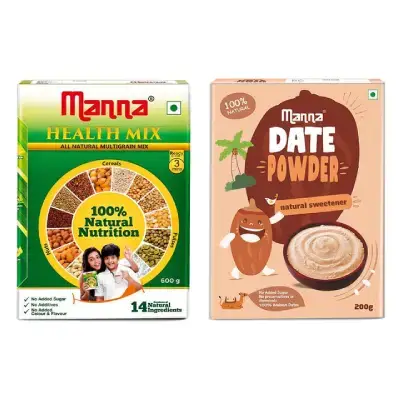 Manna Health Mix 500g and Manna Date Powder 200g Combo Pack | All Natural Kids Nutrition Drink + All Natural Sweetner For Kids Manna Health Mix 500g and Manna Date Powder 200g Combo Pack | All Natural Kids Nutrition Drink + All Natural Sweetner For Kids