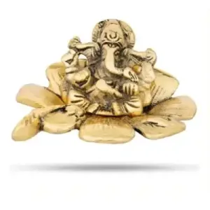 Golden Ganesh Sitting On Hibiscus Flower - Aluminium - 2.5 Inch - 175 Gms