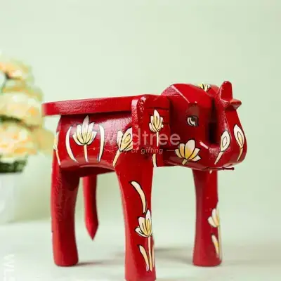 Hand Painted Floral Design Elephant Stool-8inch-Red-WL5109-1 Hand Painted Floral Design Elephant Stool-8inch-Red-WL5109-1
