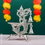 White Metal Chowki with Diya & Hanging Bells-WBG1276_1