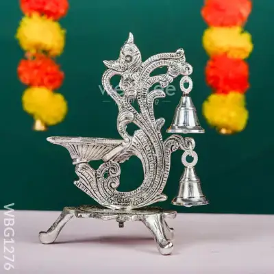 White Metal Chowki with Diya & Hanging Bells-WBG1276 White Metal Chowki with Diya & Hanging Bells-WBG1276