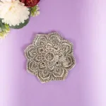 White Metal Chowki with Diya & Hanging Bells-WBG1276 White Metal Chowki with Diya & Hanging Bells-WBG1276