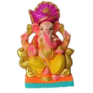 MH Ganapathy Colourful -Clay – 6 Inch – Left Trunk Colorful statue of Hindu god Ganesha with pink headdress and yellow robes, seated on a decorative base with gold accents.
