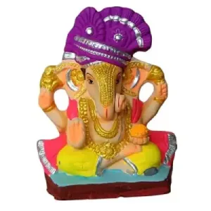 MH Ganapathy Colourful – Clay – 8 Inch – Left Trunk Colorful Ganesha idol figurine with a purple crown, yellow clothing, and ornate jewelry on a blue base.