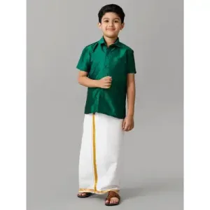 Boys Green Half Sleeves Shirt with White Dhoti Combo K9 Boys Green Half Sleeves Shirt with White Dhoti Combo K9
