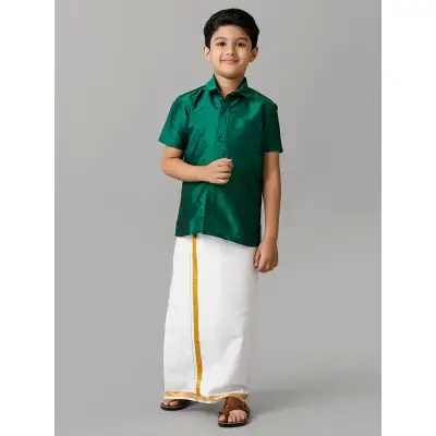 Ramraj – Boys Green Half Sleeves Shirt with White Dhoti Combo K9 Ramraj – Boys Green Half Sleeves Shirt with White Dhoti Combo K9