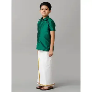 Boys Green Half Sleeves Shirt with White Dhoti Combo K9 Boys Green Half Sleeves Shirt with White Dhoti Combo K9