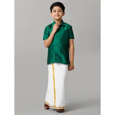 Ramraj – Boys Green Half Sleeves Shirt with White Dhoti Combo K9 Ramraj – Boys Green Half Sleeves Shirt with White Dhoti Combo K9