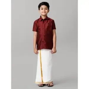 Boys Maroon Half Sleeves Shirt with White Dhoti Combo K7 Boys Maroon Half Sleeves Shirt with White Dhoti Combo K7