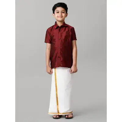 Ramraj – Boys Maroon Half Sleeves Shirt with White Dhoti Combo K7 Ramraj – Boys Maroon Half Sleeves Shirt with White Dhoti Combo K7