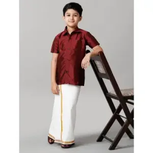 Boys Maroon Half Sleeves Shirt with White Dhoti Combo K7 Boys Maroon Half Sleeves Shirt with White Dhoti Combo K7