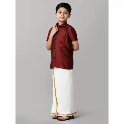 Ramraj – Boys Maroon Half Sleeves Shirt with White Dhoti Combo K7 Ramraj – Boys Maroon Half Sleeves Shirt with White Dhoti Combo K7