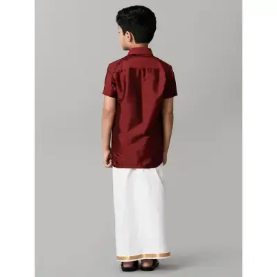 Ramraj – Boys Maroon Half Sleeves Shirt with White Dhoti Combo K7 Ramraj – Boys Maroon Half Sleeves Shirt with White Dhoti Combo K7
