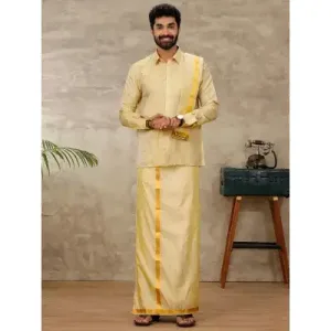 Ramraj - Art Silk Dark Jari Gold Shirt with Dhoti & Towel Set (Full Sleeves)