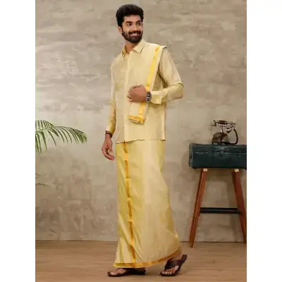 Ramraj – Art Silk Dark Jari Gold Shirt with Dhoti & Towel Set (Full Sleeves) Ramraj – Art Silk Dark Jari Gold Shirt with Dhoti & Towel Set (Full Sleeves)