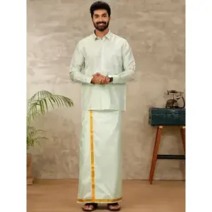 Ramraj - Art Silk Marine Green Shirt with Dhoti & Towel Set (Full Sleeves)