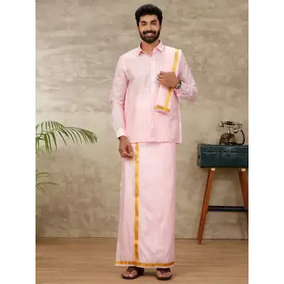 Ramraj – Art Silk Pink Shirt with Dhoti & Towel Set (Full Sleeves) Ramraj – Art Silk Pink Shirt with Dhoti & Towel Set (Full Sleeves)