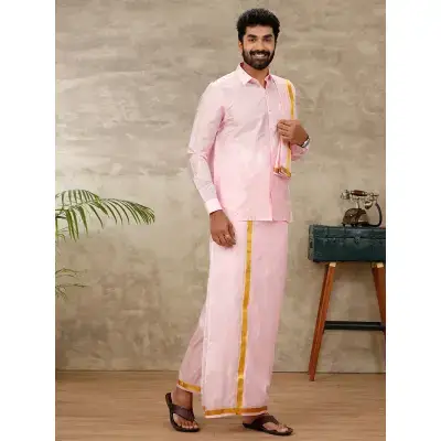 Ramraj – Art Silk Pink Shirt with Dhoti & Towel Set (Full Sleeves) Ramraj – Art Silk Pink Shirt with Dhoti & Towel Set (Full Sleeves)