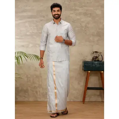 Ramraj – Art Silk Silver Grey Shirt with Dhoti & Towel Set (Full Sleeves) Ramraj – Art Silk Silver Grey Shirt with Dhoti & Towel Set (Full Sleeves)