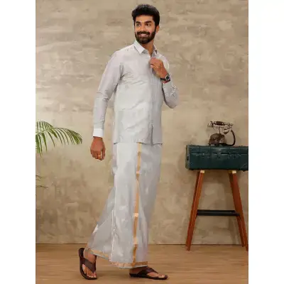 Ramraj – Art Silk Silver Grey Shirt with Dhoti & Towel Set (Full Sleeves) Ramraj – Art Silk Silver Grey Shirt with Dhoti & Towel Set (Full Sleeves)