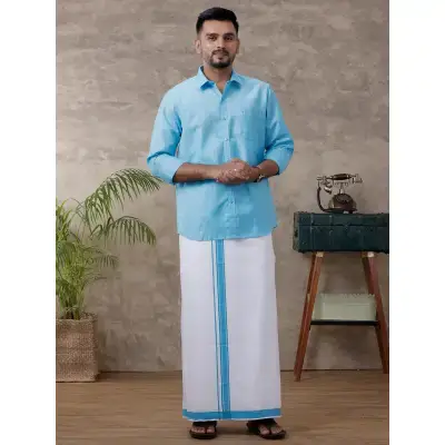 Ramraj – Cotton Rich Blue Shirt with Matching Border Dhoti Set C11 (Full Sleeves) Ramraj – Cotton Rich Blue Shirt with Matching Border Dhoti Set C11 (Full Sleeves)
